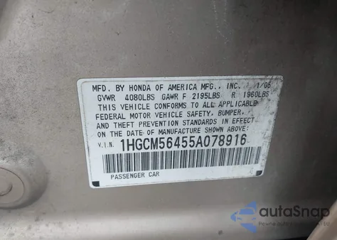 2005 Honda Accord из США, поврежденный, VIN 1HGCCM56455A07891